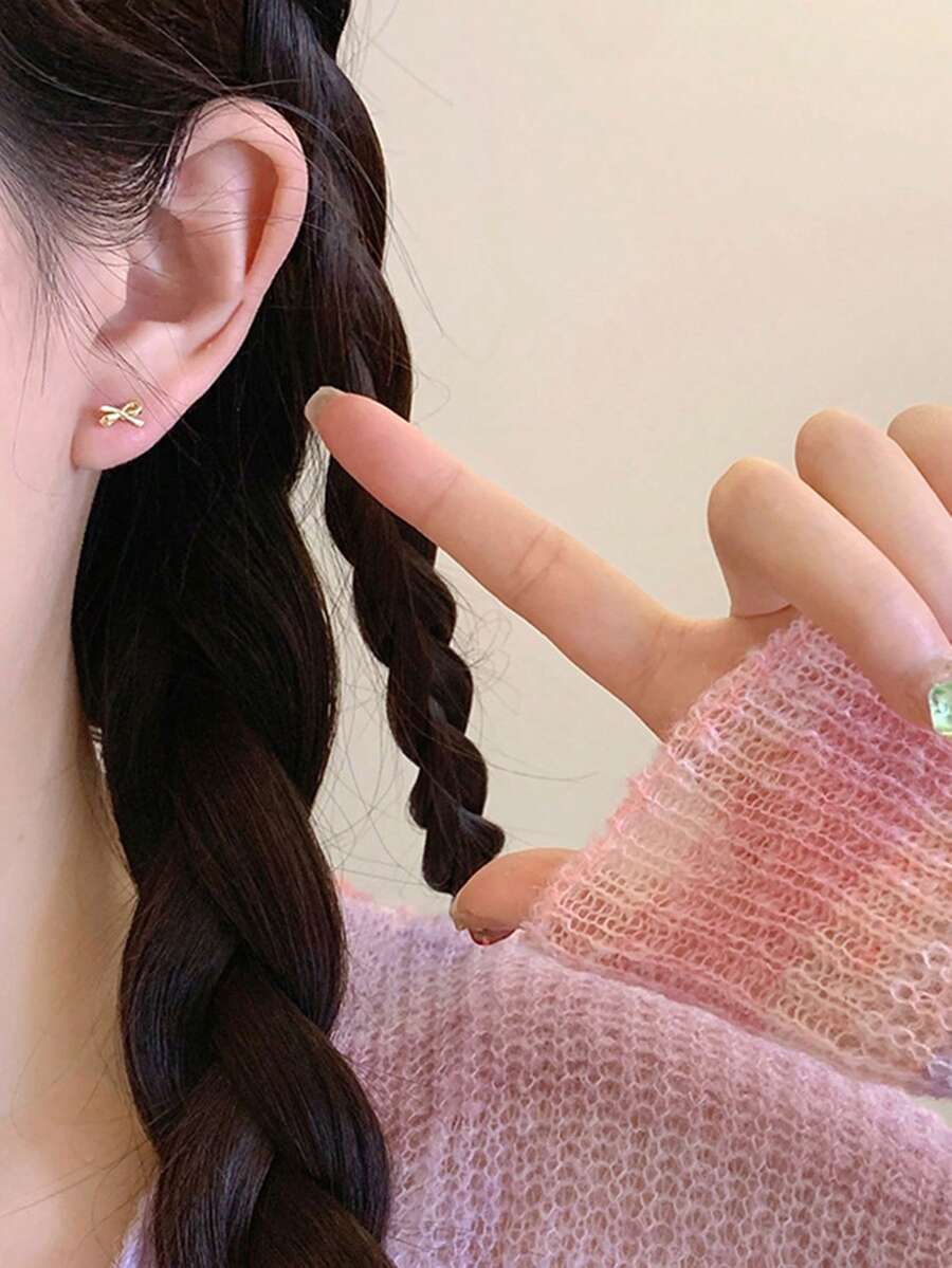 1 cặp bông tai đính nơ ruy băng bằng hợp kim đồng dành cho nữ ngày lễ tình nhân - Vàng - Xem 1