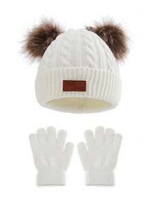 1 顶帽子 + 1 副手套（套装），纯色针织帽，秋冬 - 白色 - 查看 7
