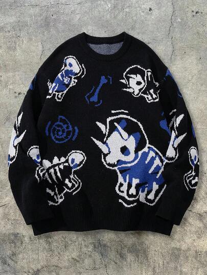  ANDREILEE Men's Casual Dinosaur Print Crew Neck Loose Fit Pullover Sweater, Versatile Street Style, Suitable For Spring, Autumn, Winter
