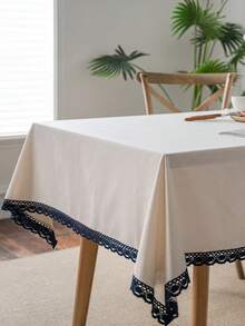 1 pieza Mantel con ribete de encaje blanco y azul marino estilo granja vintage, crea una atmósfera acogedora en el hogar, decoración diaria para la mesa de comedor familiar - Blanco - Ver 5