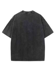 1PcStreet  Style  Men's Fashion T-Shirt With Creative Pattern Printing, High-Quality Heavy-Weight Washed Men's T-Shirt, Vintage Distressed Men's Top, Round Neck Loose Big Size Men's Short Sleeve, Soft, Comfortable And Breathable. Graphic Tee Shirt - 黑色 - 查看 2