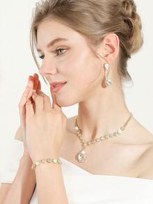 水钻珠宝闪亮项链耳环手镯套装，适合奢华信封手拿包，适合派对、浪漫婚礼、春夏链条单肩包、新娘包、正式舞会手拿包、优雅晚礼服包，非常适合派对婚礼舞会晚宴/宴会 - 金色 - 查看 3