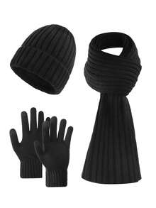 3 件套男士时尚简约纯色条纹针织帽、围巾和手套套装，秋冬季温暖户外运动休闲旅行配件（送给丈夫或男朋友的完美礼物）冬季保暖