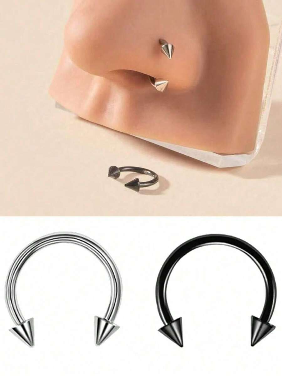 1/2pcs Stainless Steel Pierced Nose Ring,Fashion Personalized Simple Rivets, Women's Silver And Black Nose Rings, Nightclub Parties Jewelry, Birthday Gifts ﻿ - Multicolor - View 1