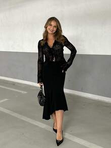 1 Stück Damen Herbst Blumen Mesh Schleife Vorne Rüschen Weite Ärmel Bluse - Schwarz - Übersicht 8