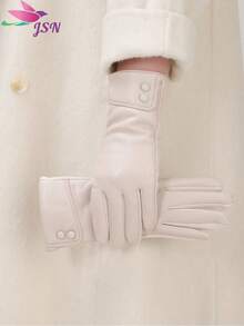 1 Pair Solid Color Casual Elegant PU Leather Buckle Women's Autumn/Winter Fashion Warm Touchscreen Gloves, Windproof Waterproof For Daily Wear All Season