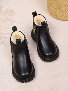 儿童冬季保暖内衬靴，简约英伦风侧拉链男女童厚底踝靴