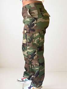 Cotton Green Camo Multi Pocket Cargo Pants Loose  Fit Wome Street Wear Summer Outfits Now,Halloween. - 軍綠色 - 查看 4