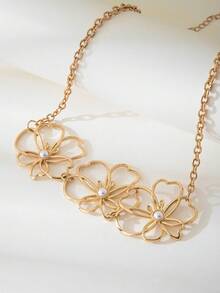 1 件夸张时尚大花朵不对称空心花瓣仿珍珠雄蕊重叠设计吊坠项链，适合女士，适合日常佩戴和派对，是送给女友、家人、朋友、姐妹的绝佳礼物 - 金色 - 查看 4