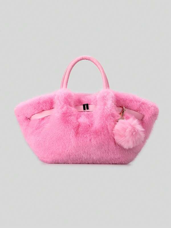 Cute Soft Plush Ruched Hobos Bag Luxury Faux Fur Women Handbags With Plush Ball Designer Winter Shoulder Crossbody Bags, New Arrival Fur Bag For Women