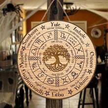 2件套复古手工木制家居装饰品，尺寸19.99x19.99厘米，希腊轮盘图案，标有节日名称：冬至、春分、五朔节、秋分、万圣节 - 天然木制祭坛装饰，适用于巫术、德鲁伊教和异教 - 完美礼物，神秘设计，精湛工艺，占卜工具，圣诞装饰 - 彩色 - 查看 2