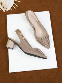 1 Pair Of Women's High-Heeled Sandals With Buckle Decoration, Pointed Toe, Light Opening, Solid Color Thick Heel, Casual Large Size, Breathable Fabric High Heels - 深杏 - 查看 5