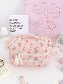 1 Piece Large Capacity Cosmetics Storage Bag Portable Travel Cosmetics Pouch Red Bow Pattern Makeup Bag Multi-Functional Make Up Bag Set Pink Travel Toiletry Bag For Girls Cute Cartoon Print Skincare Organizer Bag Foam Quilted Household Makeup Bag - Pink - View 13