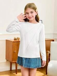 Kids Girls Long Sleeve Crewneck Tee Pleated Casual Top 5-14Y - trắng - Xem 3