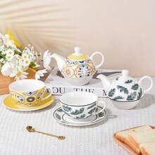 MBB 1 zestaw herbaty dla jednej osoby, zestaw herbaty ceramicznej z kwiatowym wzorem dla jednego czajniczka i filiżanki, kolorowy zestaw herbaty prezent dla kobiet i mężczyzn, porcelanowy zestaw herbaty z kwiatowym wzorem i spodkiem z pokrywką, dekoracyjny biały, podstawowy, zabytkowy czajniczek z porcelany kostnej prezent dla kobiet do domu i biura, atrakcyjny, wielokrotnego użytku, ręcznie robiony prezent, czajniczek w stylu europejskim, zestaw filiżanek do herbaty ze spodkiem, różowy, pomarańczowy, zielony, żółty, dostępne inne kolory