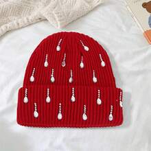 Gorro de punto con adornos de diamantes de imitación para mujer, gorro cálido de invierno para ir de compras al aire libre, citas y esquí. - Burdeos - Ver 5