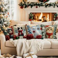 4pcs Christmas Cat Pattern Set - Single-Sided Printed Throw Pillow Cover 45*45cm - Multicolor - View 7