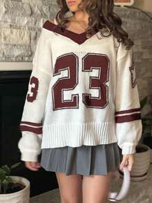 Damski top sportowy w blokach kolorów, sweter z długim rękawem i dekoltem w serek, paski w blokach kolorów, żakard ze wzorem liczbowym, do uprawiania sportu i aktywności na świeżym powietrzu, sweter damski, na siłownię i do biegania.