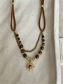 1pc Vintage Brown Stone Bead Pendant Necklace, Gold Plated Chain Layered Metal Necklace, Autumn/Winter Sweater Jewelry, Gift For Women - Multicolor - View 13