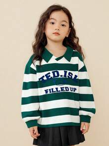 mini bala Young Girl Teddy Bear Polo Shirt Long Sleeve College Style Cute Soft Cotton Tee - Green and White - View 3