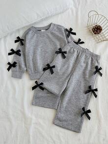 Set de 2 piezas de sudadera de manga larga casual y pantalón de pierna ancha con decoración de lazo 3D para niñas bebés, estilo callejero retro