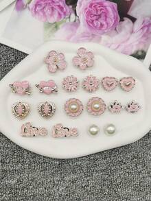18PCS Y2K Style Pink Resin Flower Shoe Charms Accessoris DIY Love Word Crown Heart Shaped Shoe Buckles Decorations Faux Bead Removable Decorative Shoe Clips Fit Women Sandals Slides Slippers Beach Bag Xmas Halloween Birthday Party Decor Gifts