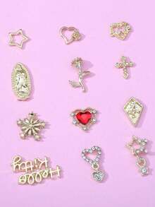 40Pcs/Pack Random European & American Rose Heart Nail Charms Set, Includes Star Stud, Shiny Cross, Cute Planet Alloy Nail Jewelry And 3D Y2K Diamond Nail Art Decorations