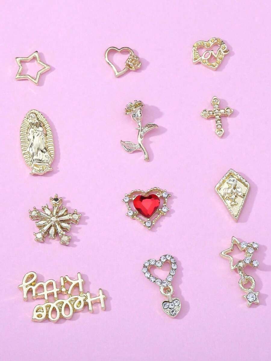 40Pcs/Pack Random European & American Rose Heart Nail Charms Set, Includes Star Stud, Shiny Cross, Cute Planet Alloy Nail Jewelry And 3D Y2K Diamond Nail Art Decorations