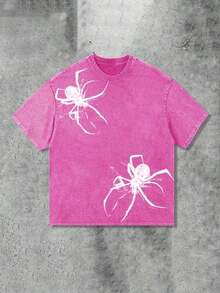 Y2K Spider Print T-Shirt (230g Pure Cotton Washed T-Shirt)% Pure Cotton Fabric-Men And Women Street Retro Loose Casual Hip-Hop Washed T-Shirt, Retro - 玫紅色 - 查看 1