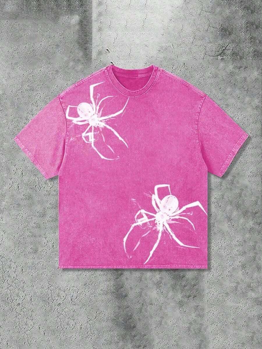 Y2K Spider Print T-Shirt (230g Pure Cotton Washed T-Shirt)% Pure Cotton Fabric-Men And Women Street Retro Loose Casual Hip-Hop Washed T-Shirt, Retro - 玫紅色 - 查看 1
