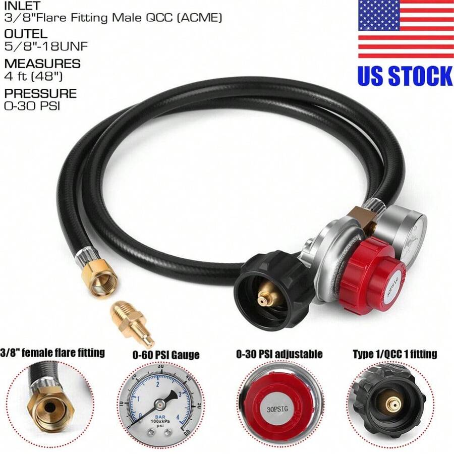 4ft High Pressure 0-30PSI Adjustable Propane Gas Regulator With Hose & PSI Gauge - Black - View 1