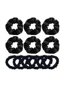 12件套女士缎面大小发圈套装，不伤发马尾发圈发绳，发圈，头饰发饰，健身运动跑步装备橡皮筋 - 黑色 - 查看 6