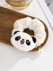 New Cute Panda Pearl Scrunchie Hair Tie, Sweet Cartoon Plush Pom Pom Ponytail/Bun Holder, Casual Elegant Bohemian Hair Accessories, Suitable For Spring, Summer, Autumn, Winter, Ponytail Holders, Hair Elastics, Hair Rubber Bands, Scrunchies, Hair Rope