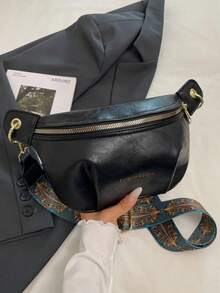 [Chic 2025 时尚单肩包] 深棕色/黑色几何印花宽肩带斜挎包 - 2025 女士时尚单肩包 - 耐用 PU 配涤纶衬里，都市复古风格新时尚大容量高端韩版休闲简约轻便百搭，复古休闲复古风格，字母印花，可调节肩带，女士单肩斜挎包手提包