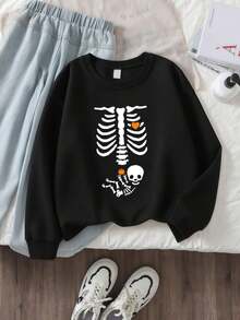 Women's Sweatshirt Print Skeleton Maternity Shirt, Halloween Pregnancy Shirt, Pregnant Skeleton Tee, Halloween Maternity Shirt, Funny Pregnant Shirt, Autumn   Women Top Graphic Tees Stylish Summer T-Shirt For Women Casual Designer Clothes Print Round Neck Short Sleeve - 黑色 - 查看 1