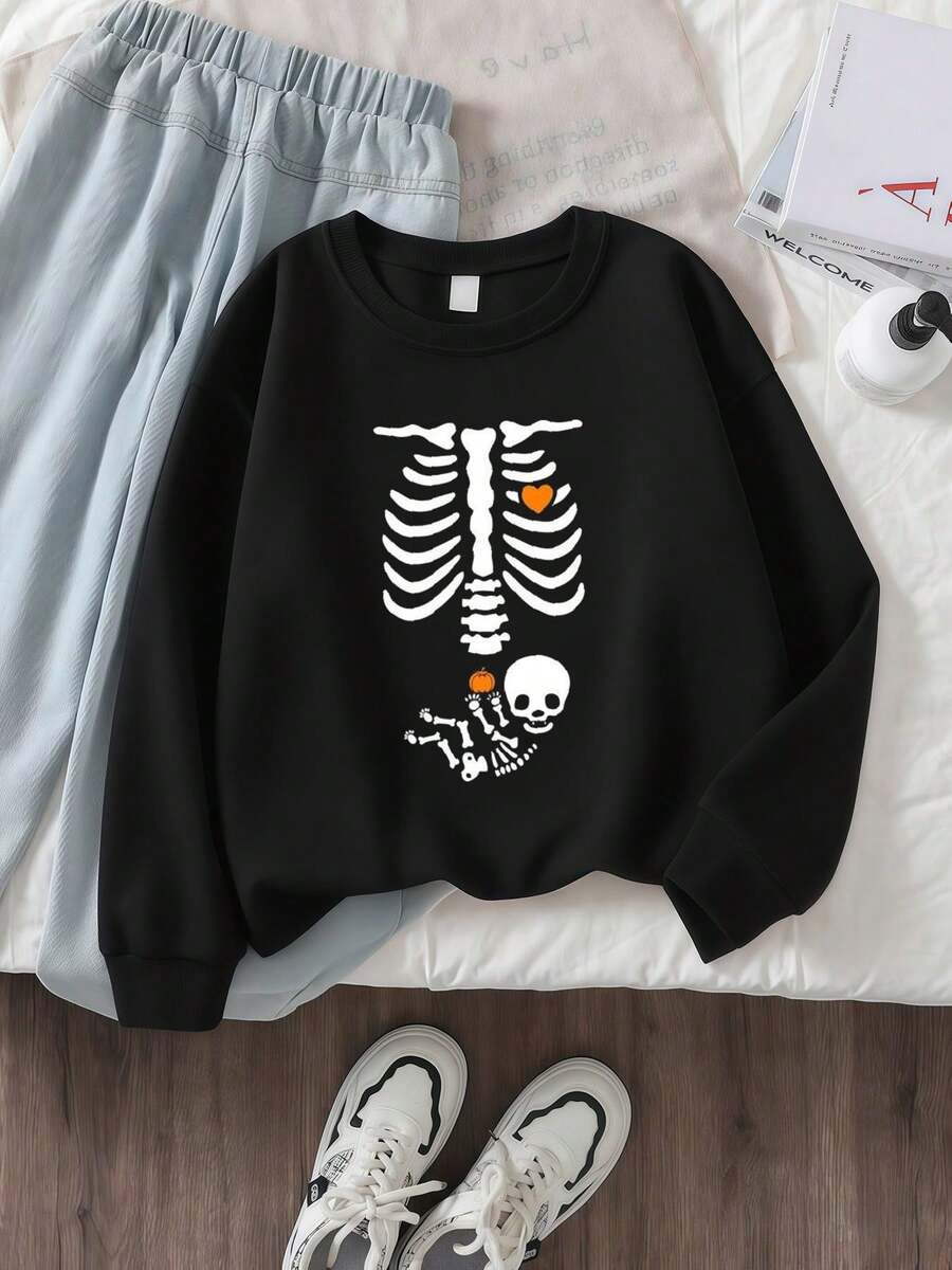 Women's Sweatshirt Print Skeleton Maternity Shirt, Halloween Pregnancy Shirt, Pregnant Skeleton Tee, Halloween Maternity Shirt, Funny Pregnant Shirt, Autumn   Women Top Graphic Tees Stylish Summer T-Shirt For Women Casual Designer Clothes Print Round Neck Short Sleeve - 黑色 - 查看 1