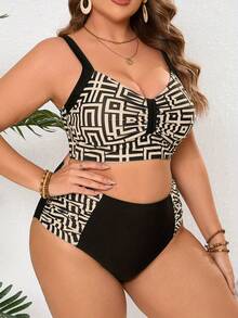 European And American New Women's Large Size Bikini High Waist Stitching Fashionable Sexy Plaid Print Split Swimsuit Swimsuit - 薑色 - 查看 6