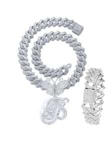 银色女士项链 A-Z 首字母个性化嘻哈经典蝴蝶字母吊坠链项链和手链套装饰物 26 个幸运字母，适合男女日常佩戴情人节时尚珠宝礼物，妈妈，母亲，母亲节，礼物 - 蝴蝶型 - 查看 62