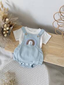 2pcs/Set Baby Boy Cute Rainbow Embroidered Short Sleeve T-Shirt And Bib Overalls Romper, Summer - Blue - View 4