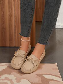 Women's Spring/Autumn New Collegiate Style Bow Decor Loafers, Non-Slip, Lightweight, Comfortable Soft Sole, Fashionable Mother Shoes - Khaki - View 5