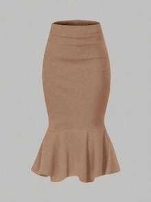 Elegant Black Fish-Tail Skirt Features A High-Waisted Design With Ruffled Edges At The Hem. It Is Machine-Washable And Is Perfect For Autumn Events - Khaki - View 6