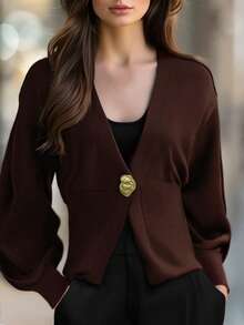 秋冬女装时尚优雅通勤深棕色V领金属扣下摆修身长袖开衫、开衫、纽扣针织衫、商务休闲女装、秋季女装上衣、秋季毛衣、冬季上衣、秋冬服饰 - 咖啡棕 - 查看 3