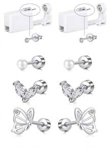 一次性耳洞枪套装，耳洞穿刺套装，自穿耳洞套装，金银耳环，防过敏不锈钢穿孔工具，家用 20G 人造珍珠耳钉和 2mm 3mm 4mm CZ 平背耳钉 - 彩色 - 查看 10