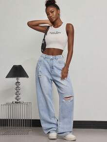 Blue Light Wash Straight Leg Ripped Boyfriend Jeans Daily Casual Outfit For Women Denim Long Pants Street Or School Wear