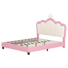 Full Size Upholstered Princess Bed With Crown Headboard For Girls, Full Size Platform Bed With Headboard And Footboard, White + Pink