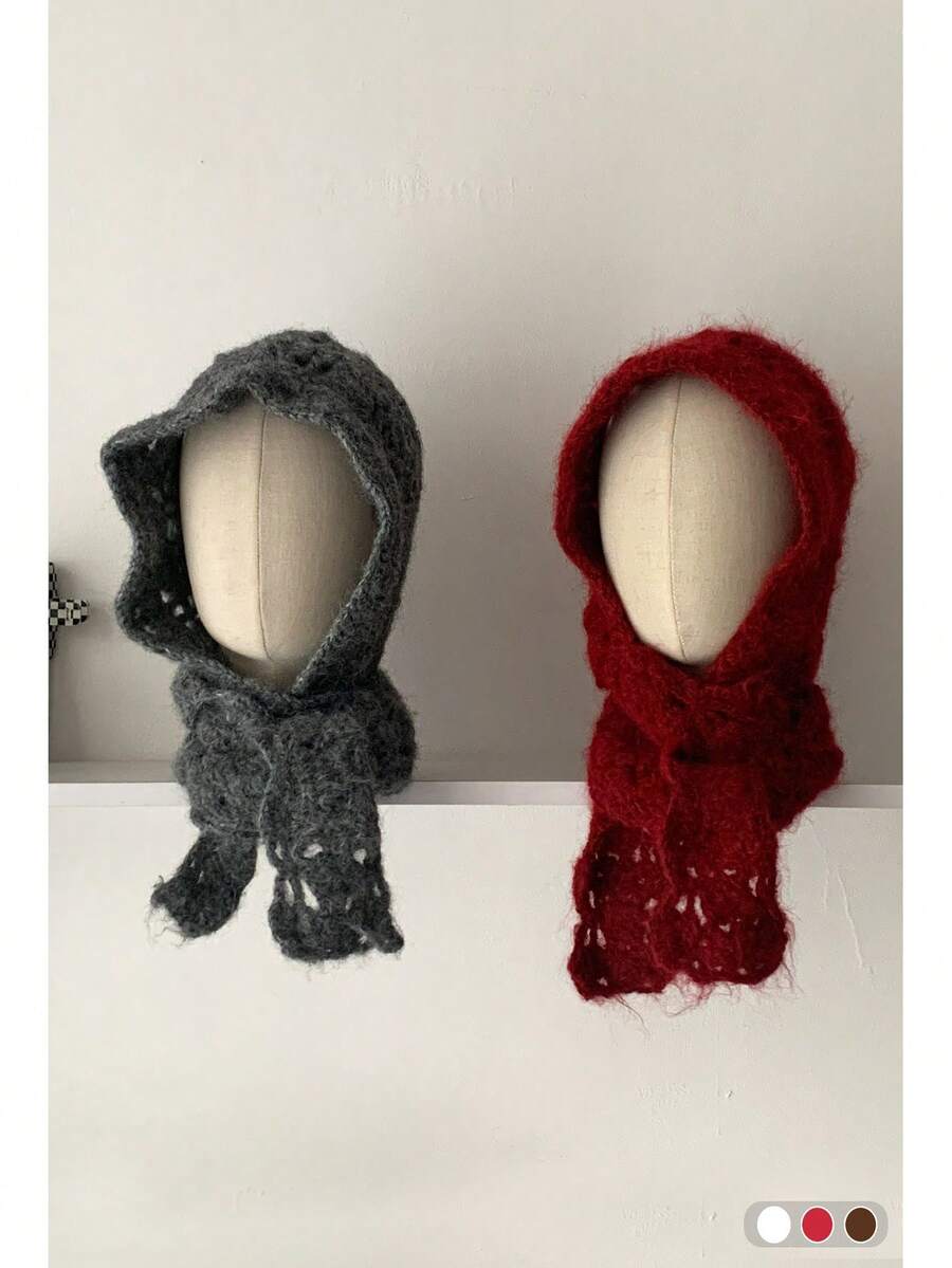 1pc Handmade Crochet Ear Warmer Beanie, Autumn/Winter Warm Double Layer Thick Tassel Knitted Headband Hat For Women, Versatile Rolled Brim Knit Cap - Multicolor - View 1