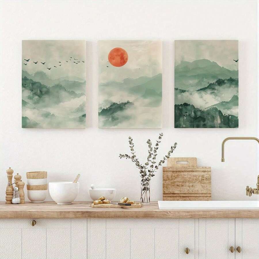 3pcs Japandi Sage Green Wall Art, Minimalist Japanese Mountain Landscape Print Art Painting, Canvas Poster, Waterproof Canvas Wall Art, Artwork Wall Painting For Gift, Bedroom Wall Decor, Home And Dormitory Decoration
