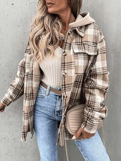 Women's Plaid Hooded Lightweight Shirt Jacket, Spring & Autumn