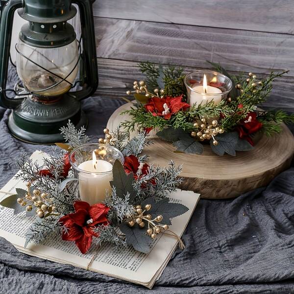 1pc Christmas Decoration Candle Wreath, Artificial Flower Wreath, Holiday Wedding Table Decor Wreath, Candle Holder (Candles Not Included) Home Decor Christmas Decorations Room Decor Winter