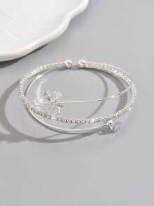 1pc Minimalist Copper Rhinestone Flower Shaped Round Zirconia Open Bangle Bracelet, Suitable For Daily Wear